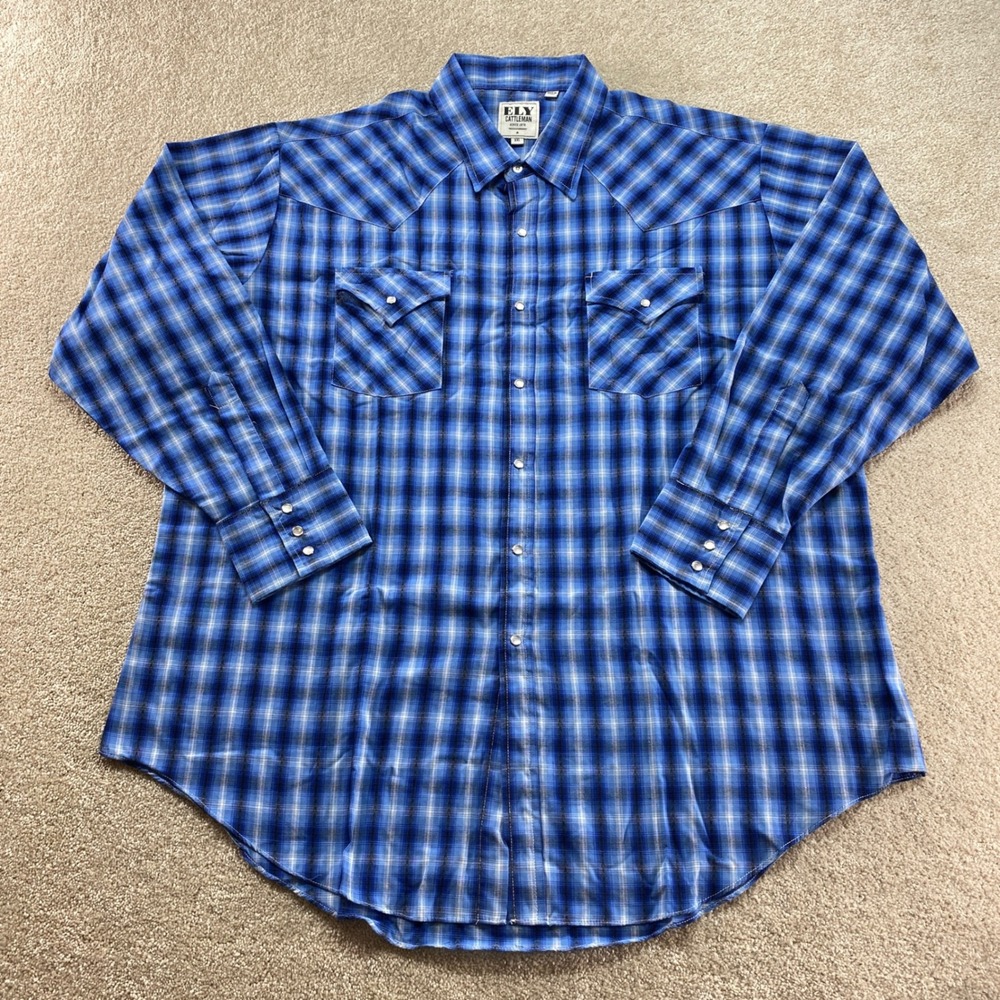 Ely Cattleman Western Pearl Snap Shirt Mens XXL Blue Plaid Long Sleeve Cowboy